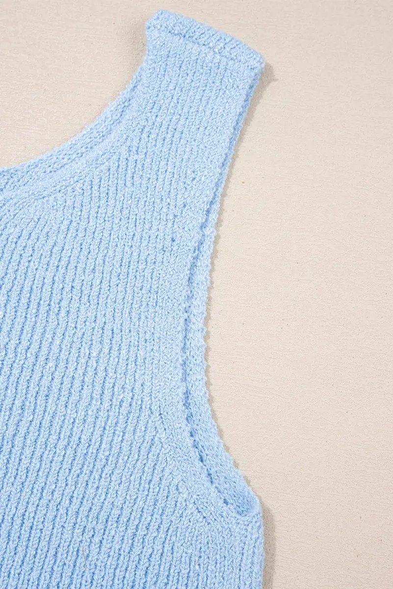 Beau Blue Horizontal Ribbing Patchwork Swing Sweater Tank Top - Love Salve